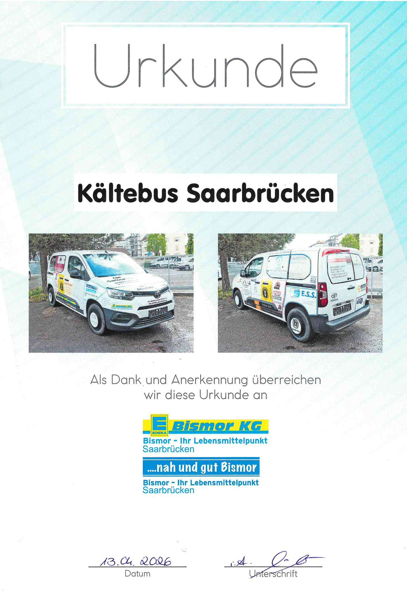 Sponsoren Urkunde Kältebus Sponsoren Urkunde Kältebus